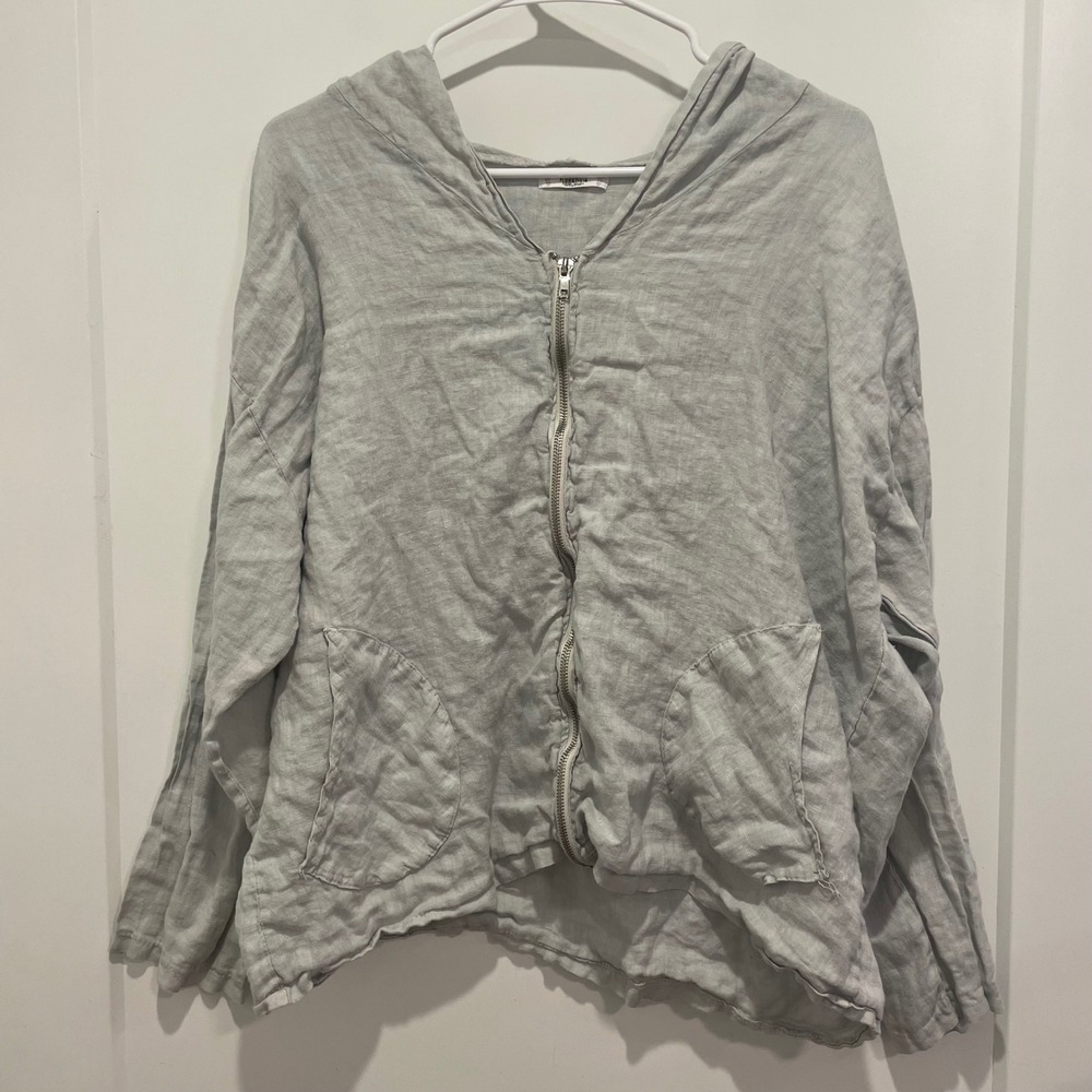 Florencia Italy 100% Linen Zip Up Hoodie Gray Lightweight Jacket Womens L/XL